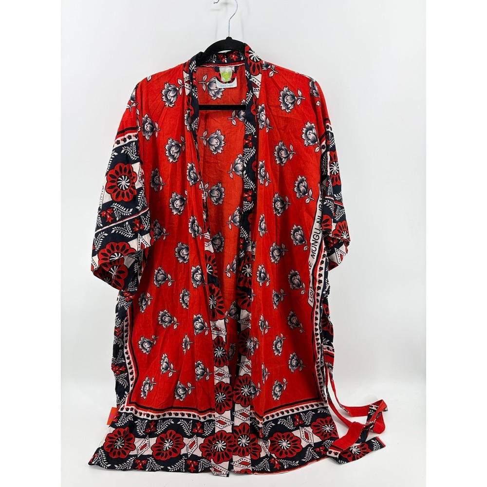 KenZania, Made in Tanzania, Red/Navy Floral Kimono Cover Up W/Tie, OS, Pre-Owned